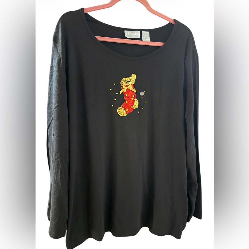 Liz & Me Black Top with ribbon, sequins & beads stocking. Size 1X 18/20 W.  NWOT